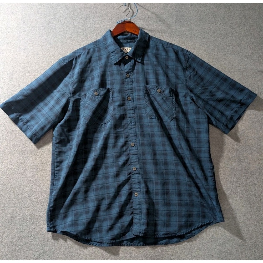 Orvis Shadow Plaid Shirt XL Blue Short Sleeve Vent Fishing Travel